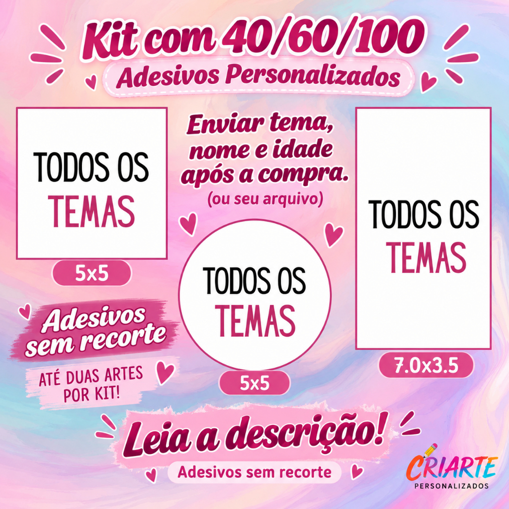 SUA ARTE AQUI! Kit com 40/60/100 UND de Adesivos Personalizados S/RECORTE - Envio Rápido