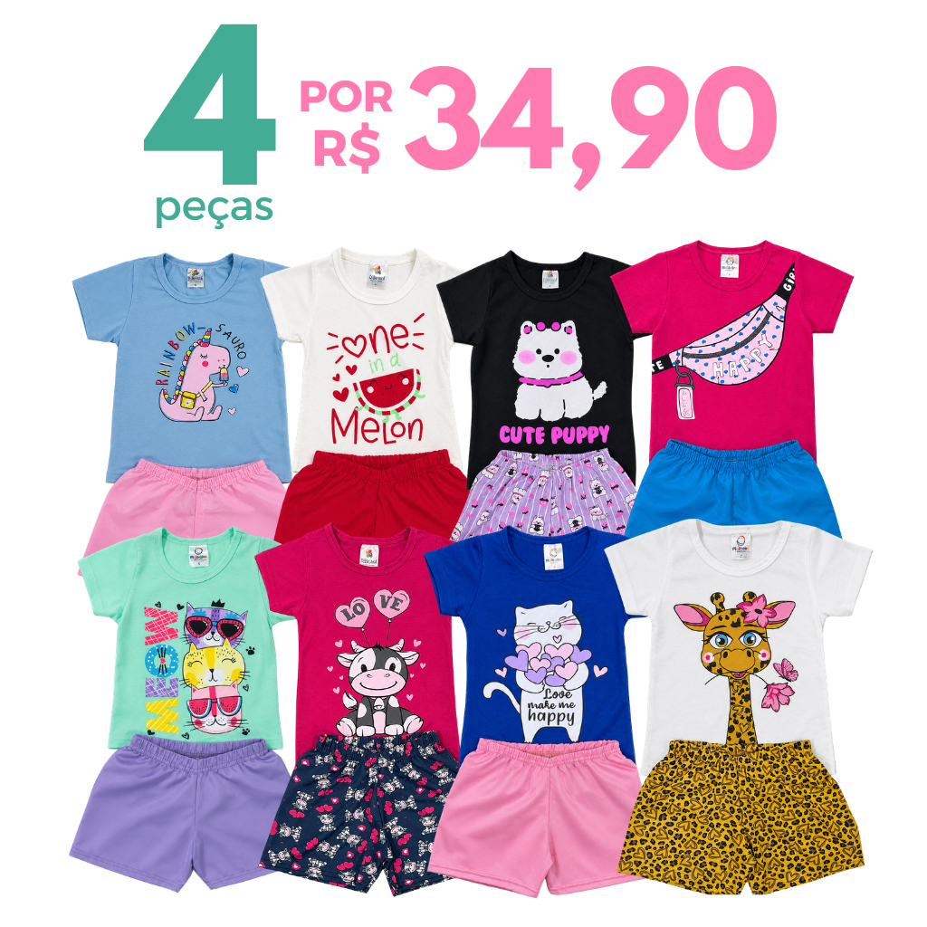 Kit 4 peças Conjunto Verão Roupa Menina Infantil 2 Camiseta e 2 Shorts/Bermudas Sortidos 2 Conjuntos