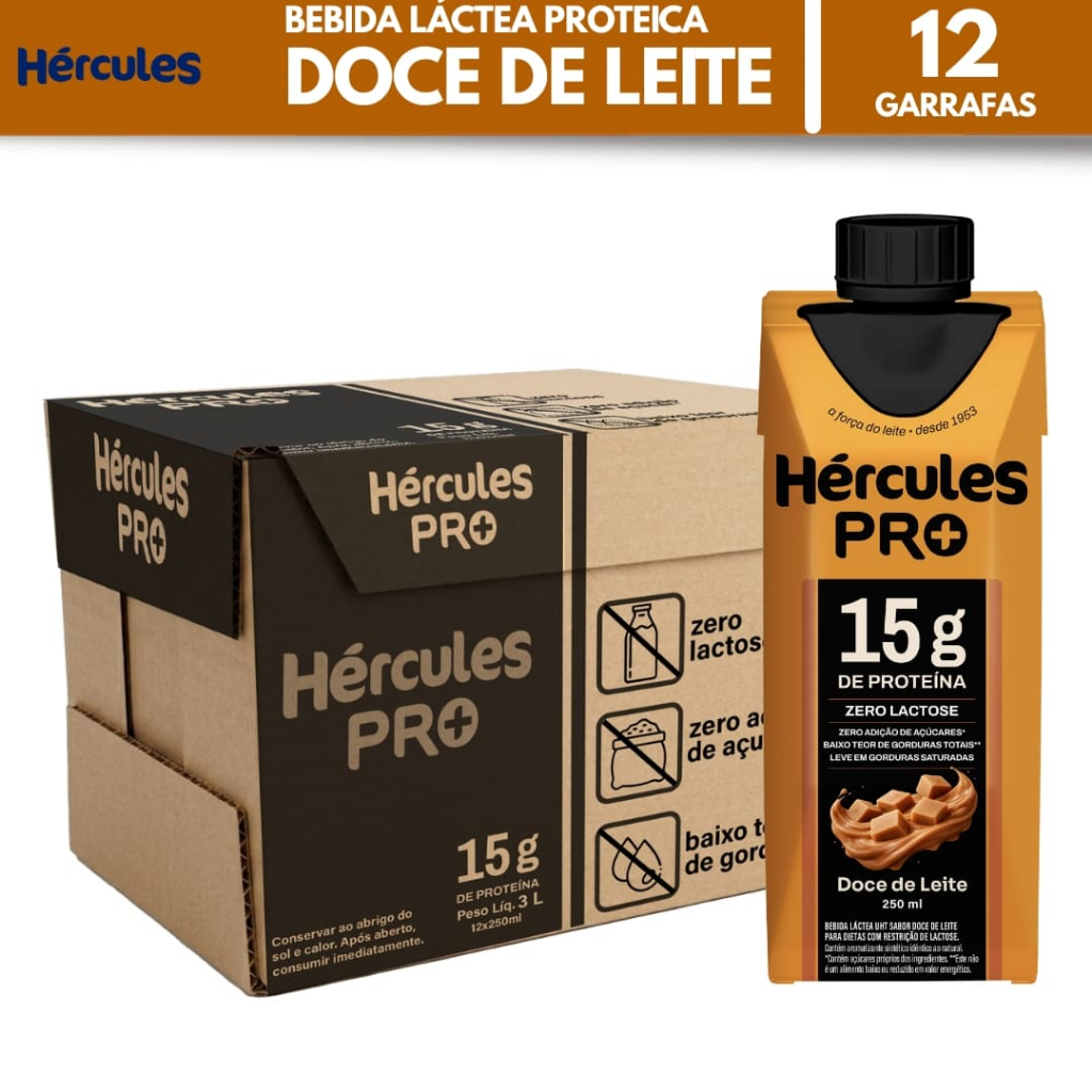 Bebida Proteica Hércules Pro Doce de Leite 12 Unidades 250ml 15g Proteína Zero Lactose
