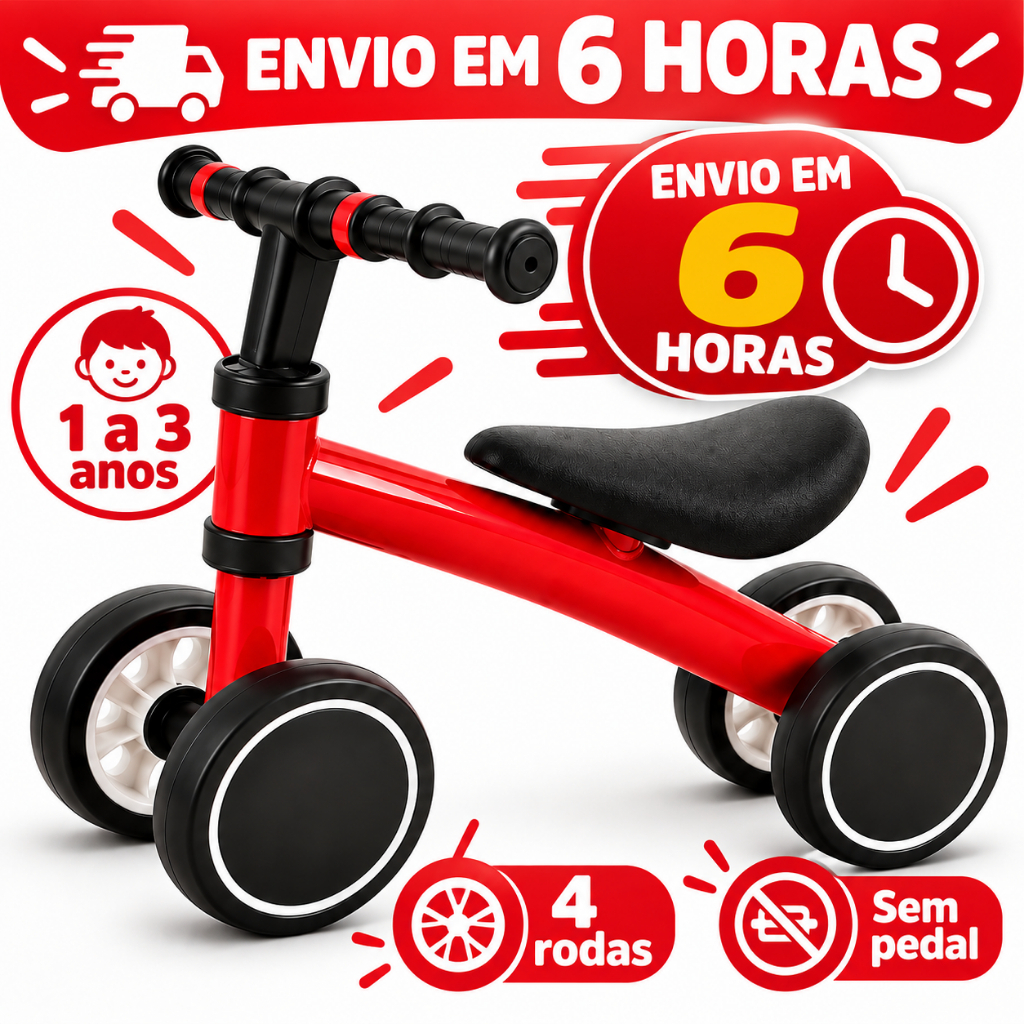 Bicicleta de Equilíbrio Infantil Andador Sem Pedal 4 Rodas Bebê 1 a 3 Anos Aprender a Andar Presente