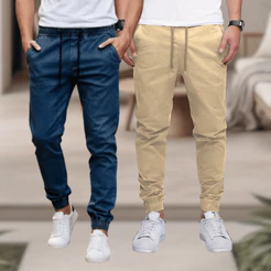 Kit 2 ou 1 Peça Calça Jogger Masculina Sarja, Cós Elástico Cordão, Punho Tornozelo, Casual Urbano, Várias Cores