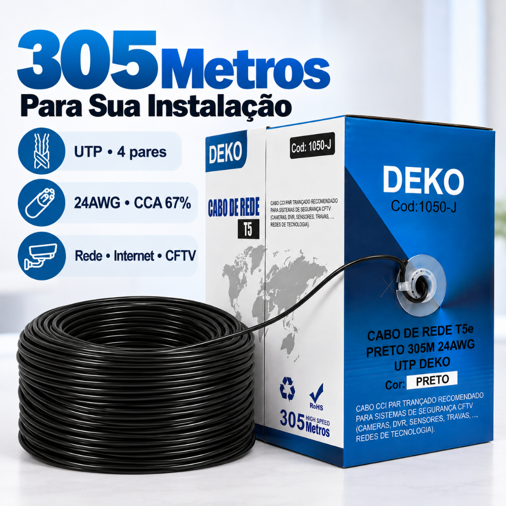 Cabo de Rede CAT5e Caixa 305metros Preto DEKO para Internet e CFTV