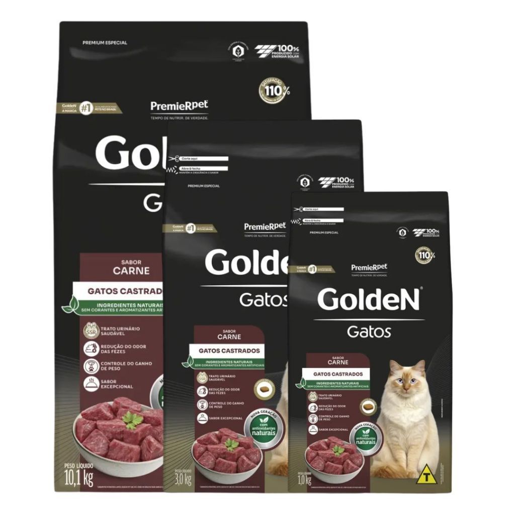 Ração P/ Gatos Adultos Castrados Carne (1kg, 3kg, 10,1kg) - Golden Premier