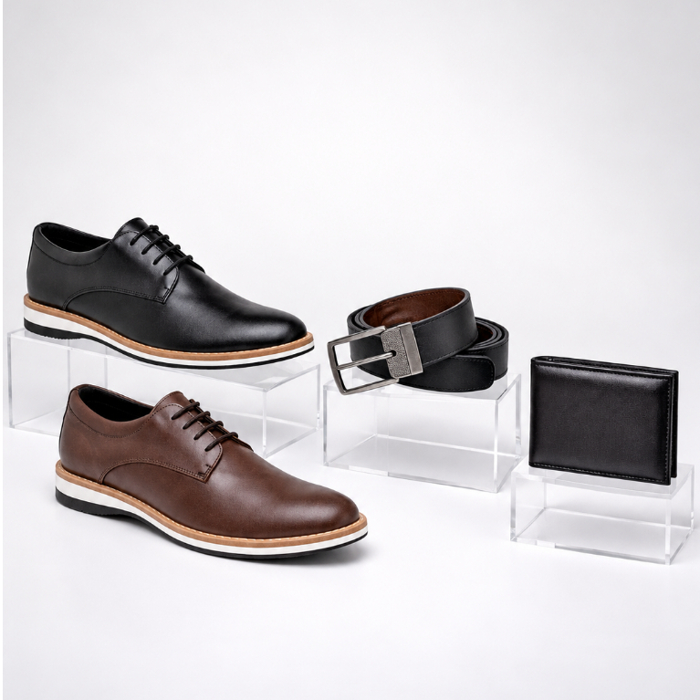 Kit 2 Pares Sapato Casual Masculino Oxford Derby Cinto Carteira Confortavel Sapatenis Couro Social
