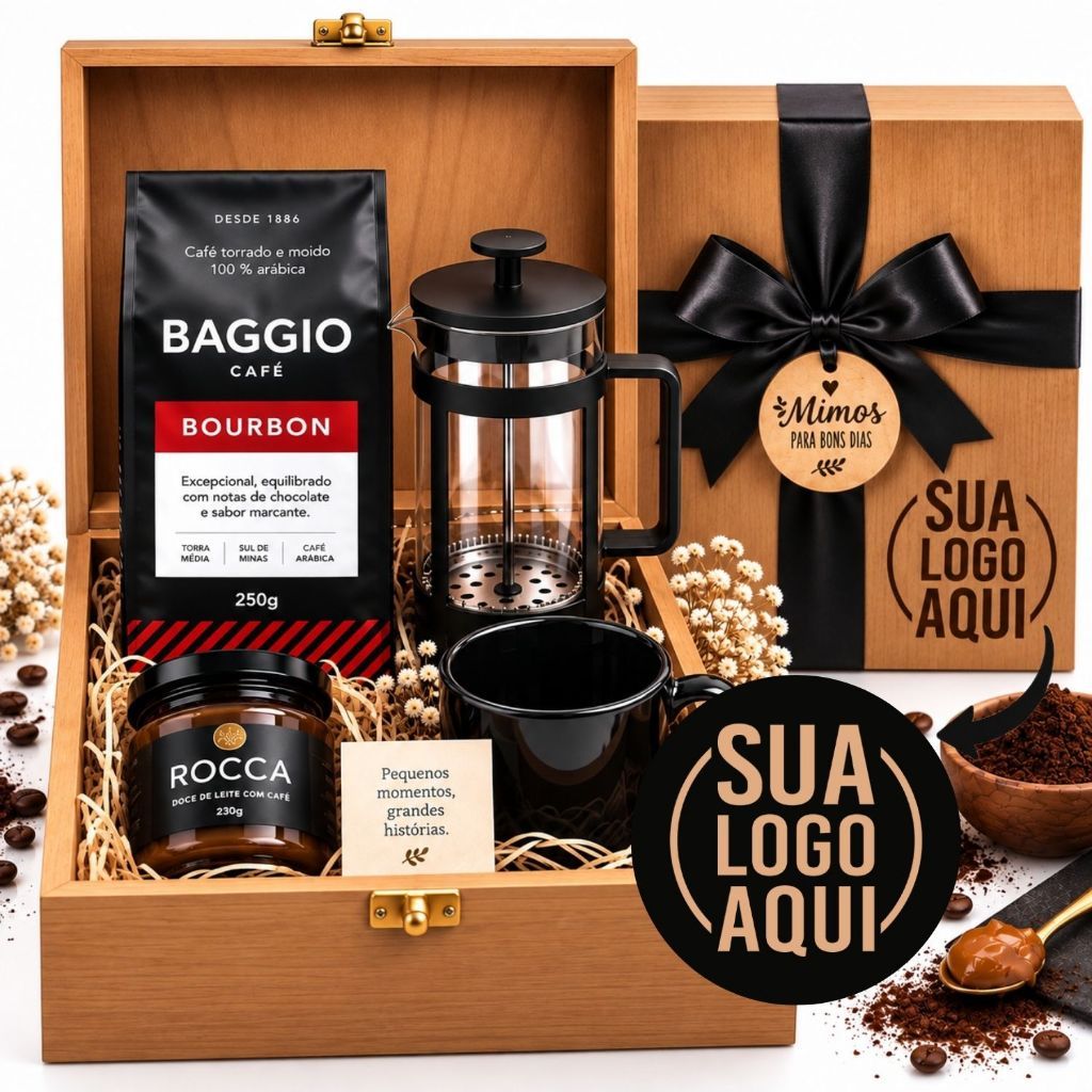 Cesta Presente Kit Café Gourmet Baggio ou Orfeu. Maleta em Madeira Personalizada - GRAVE O NOME OU SUA LOGO!