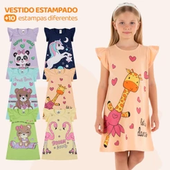 Kit 1, 2 ou 4 Vestido Infantil Menina Verão Estampados 100% Algodão com Mangas Franzidas Estampas Sortidas