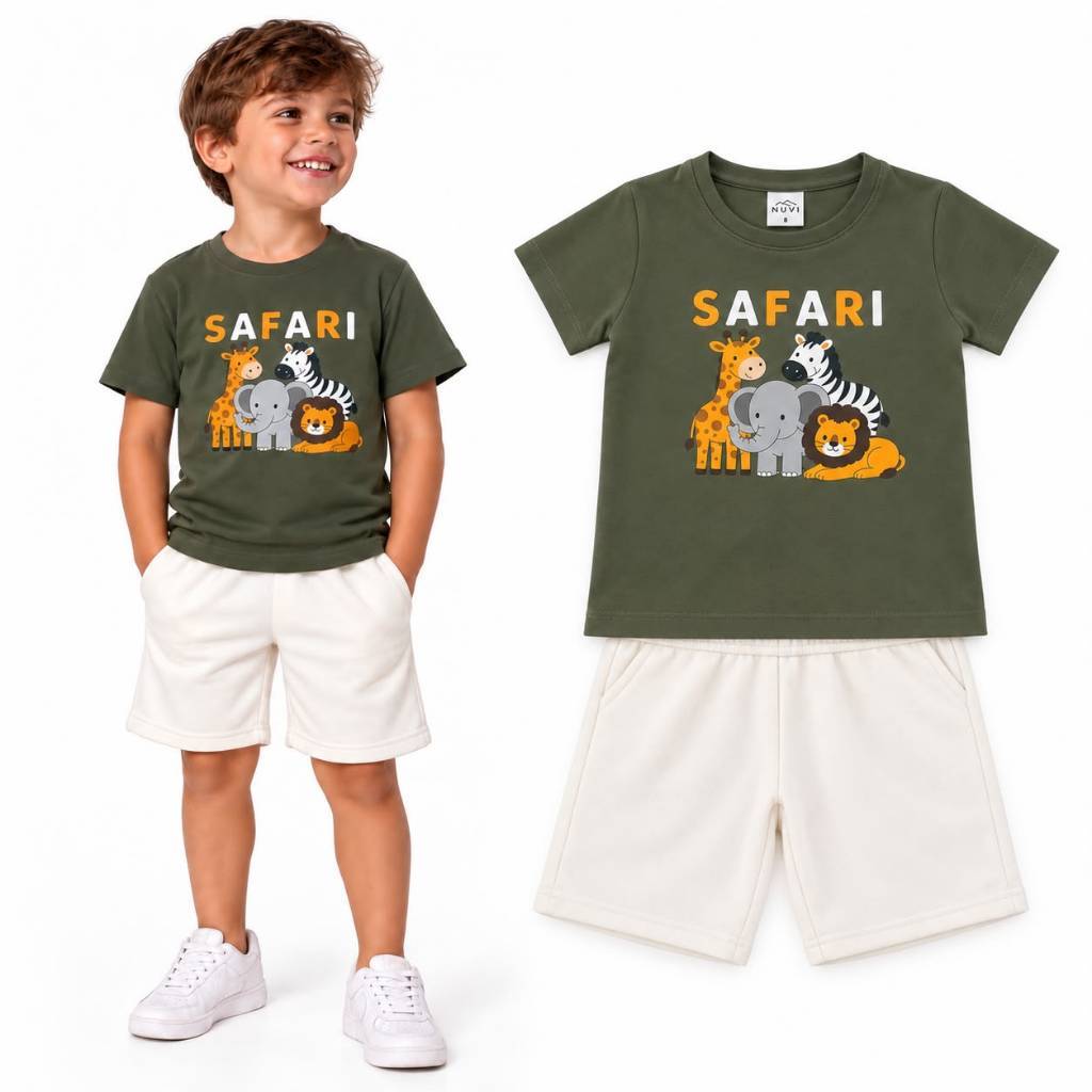 Conjunto Roupa Infantil Menino Conjunto Estampado Verão + Bermuda Camiseta/Bermuda