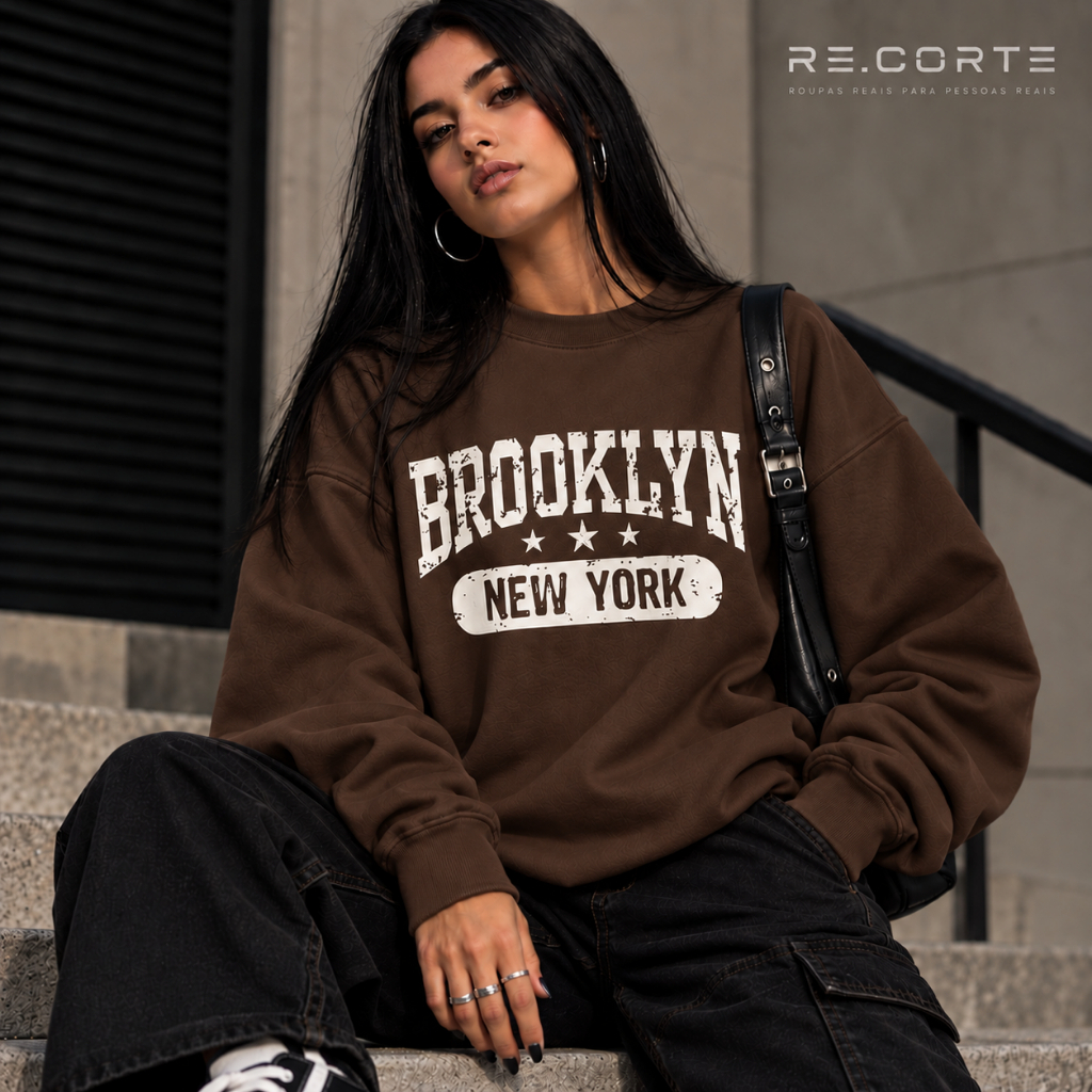 Moletom Careca Flanelado Estampado Brooklyn  Unissex | Masculino e Feminino | Blusa Quente Confortável Streetwear