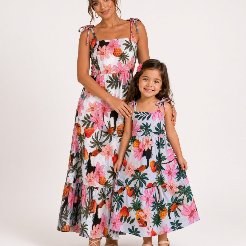 Kit 2 Vestidos Longo Tal Mae Tal Filha Moda Combinando Adulto + Infantil