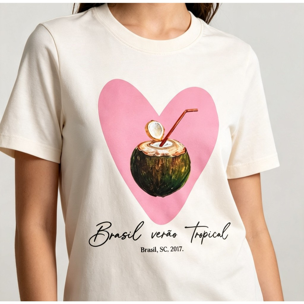 T-SHIRT camisa blusa Feminina Estilosa coração coco 100% Algodão Estampada Casual Confortável