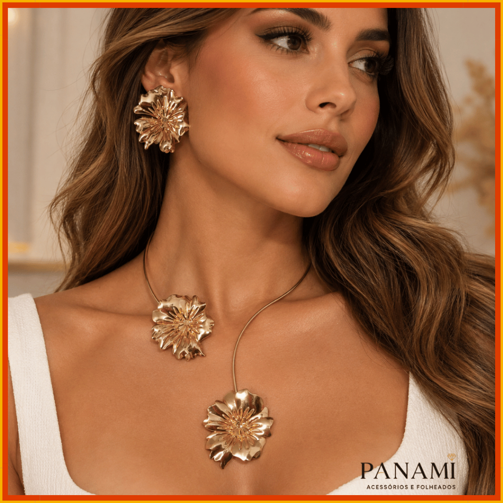 Conjunto Feminino Dourado Colar e Brinco Maxi Flor Folheado Acessório Feminino Elegante para Festa Casamento