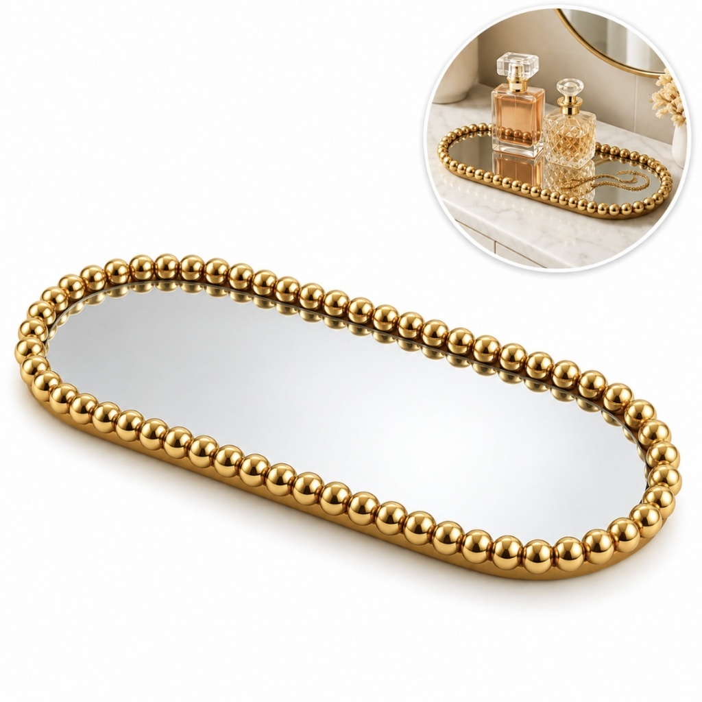 Bandeja Espelhada Oval Pérolas 30cm Decorativa Multiuso Porta Perfume Maquiagem Lavabo Preta Dourada
