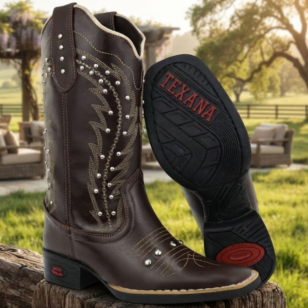 Bota Feminina Texana Western Couro Legitimo Cano Logo Bordado Bico Quadrado Forrado Com Detalhes de Metal Lançamento