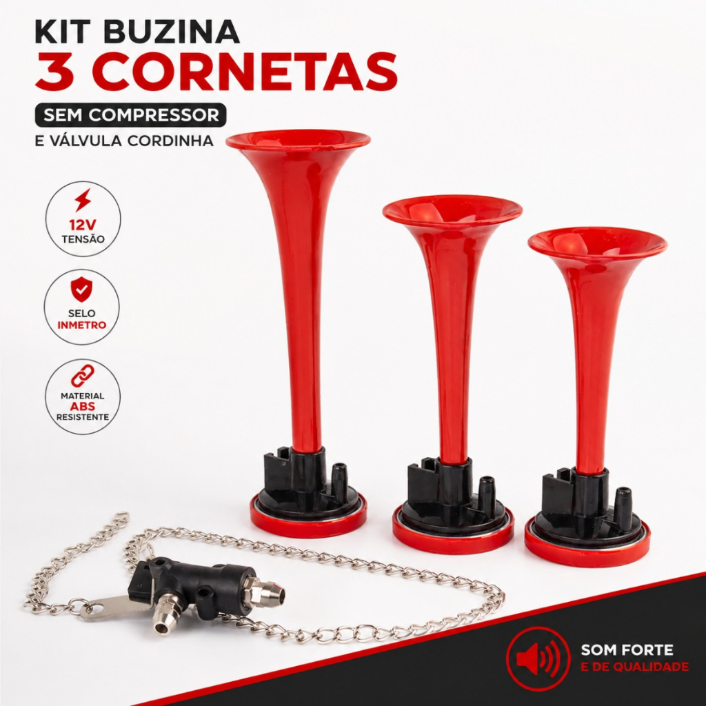 Buzina A Ar Verdureiro 3 Cornetas Vermelha Com Valvula Cordinha Caminhão Linha Pesada — foto 4