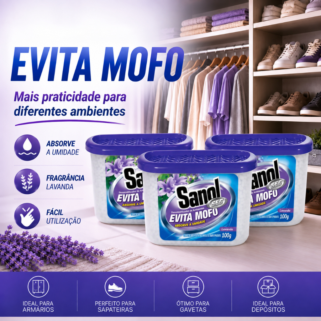 Desumidificador Anti Mofo Evita Mofo 100G Sanol Sec Lavanda Gavetas Armários Guarda-Roupas E Mais