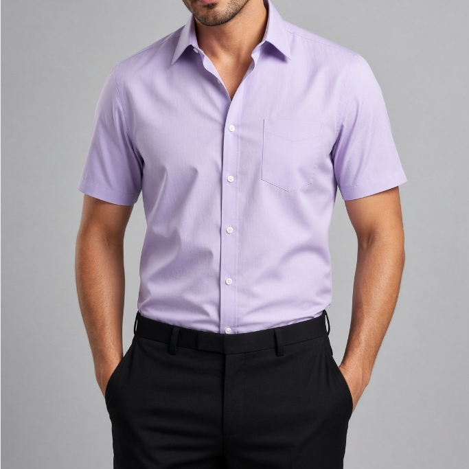 Camisa Social Masculina Manga Curta Lilás Lisa Microfibra com Elastano Trabalho Escritório Social Não Amassa Confortável