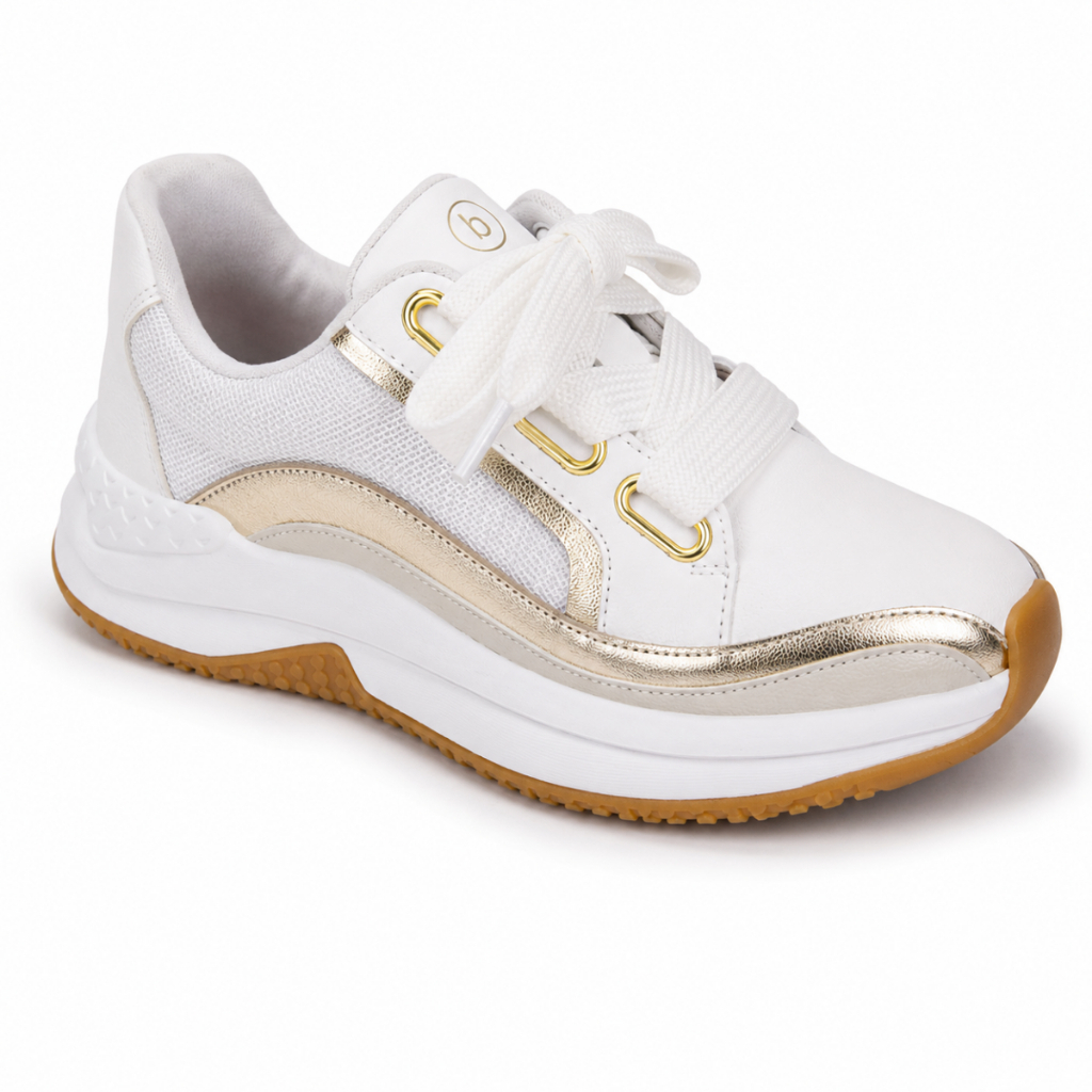 Tênis Feminino Bebecê Acolchoado Detalhes Dourados Plataforma Ultra Conforto Cadarço Largo Original