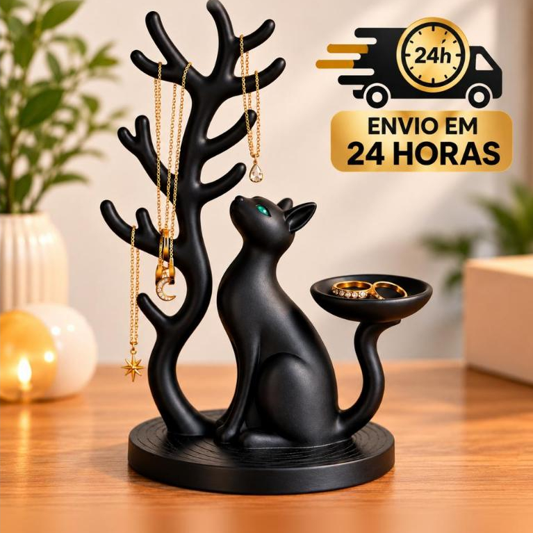 Porta Joias Gato Preto Místico Árvore Organizador de Colares Brincos Anéis Decoração Quarto