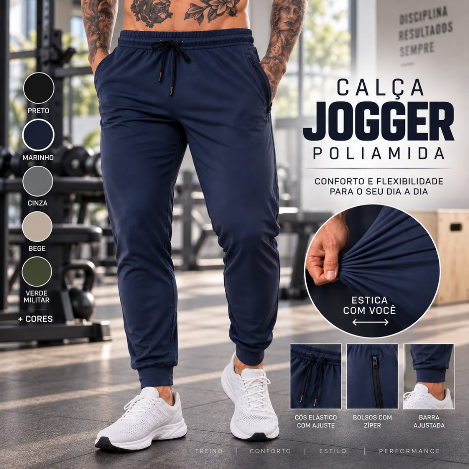 Calça Jogger Masculina Bolso com Zíper Esportiva Poliamida para uso Academia Casual