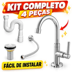 Kit Torneira Pia Lavatório Banheiro ABS Bica Alta Sifão Engate Inox 40cm Válvula 7/8 1198