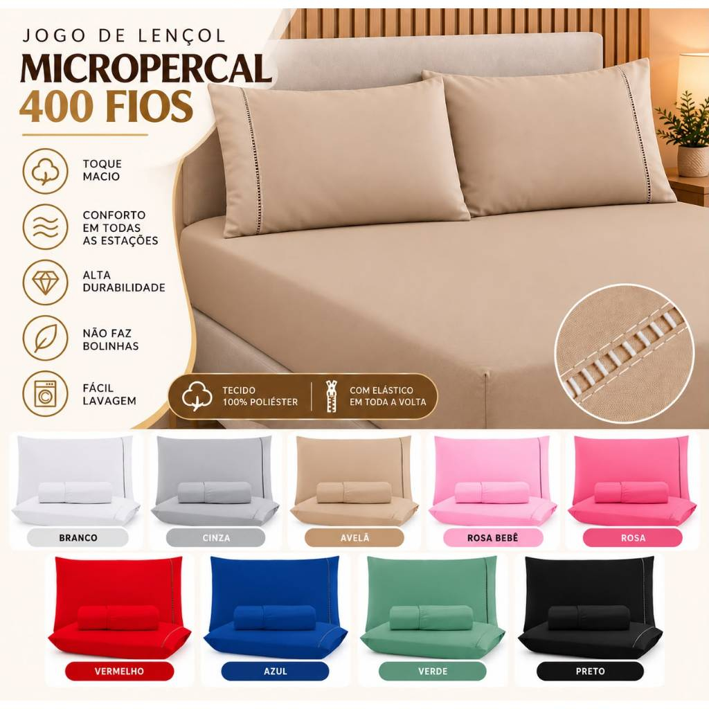 Kit Lençol Solteiro Casal Queen King Extra Macio 400 Fios Micropercal Com Ponto Palito
