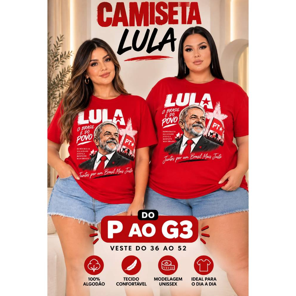 Camiseta Lula PT Feminina Política 100% Algodão Estampada do P ao G3 Tamanhos Grandes Plus Size Confortável