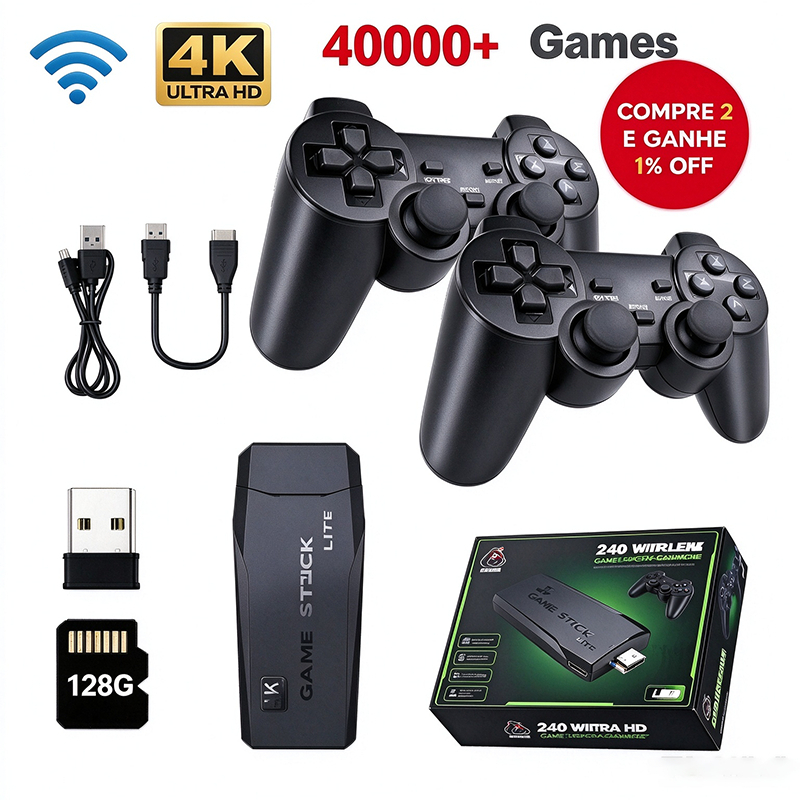 Console Retro Game Stick M8 4K HDMI | 2 Controles Sem Fio | +4Mil Jogos Retrô | 64G ou 128G para TV Plug and Play