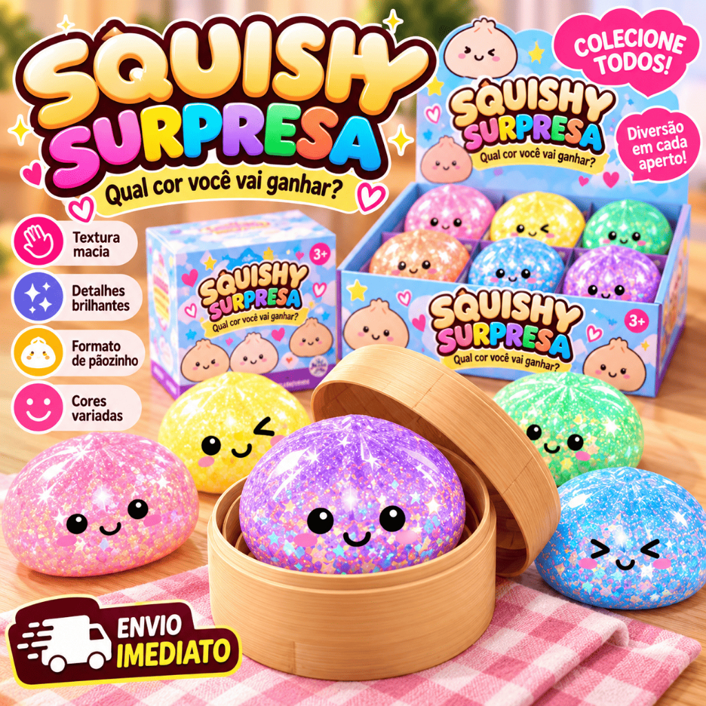 Squishy Com Glitter Pãozinho 8,5CM Grande Antiestresse Com Cestinho Caixa Surpresa Sortido ENVIO IMEDIATO