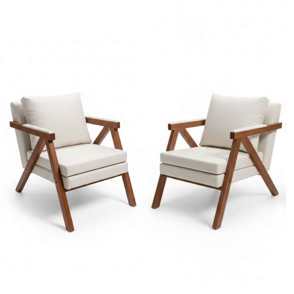 Conjunto 2 Poltronas Mona New Linho Off Premium Estofada Elegante Luxo Pés De Madeira Maciça Sala Estar Recepção - AV