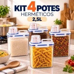 Kit 4 Potes Herméticos 2,5L Anti Vazamento Bico Dosador Copo Medidor Organizador Alimentos Cozinha