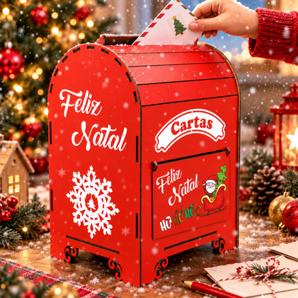 Caixa Correio Papai Noel MDF Natalina Porta Cartas Cartinhas Vermelha Decoração Natal 29 cm Enfeite