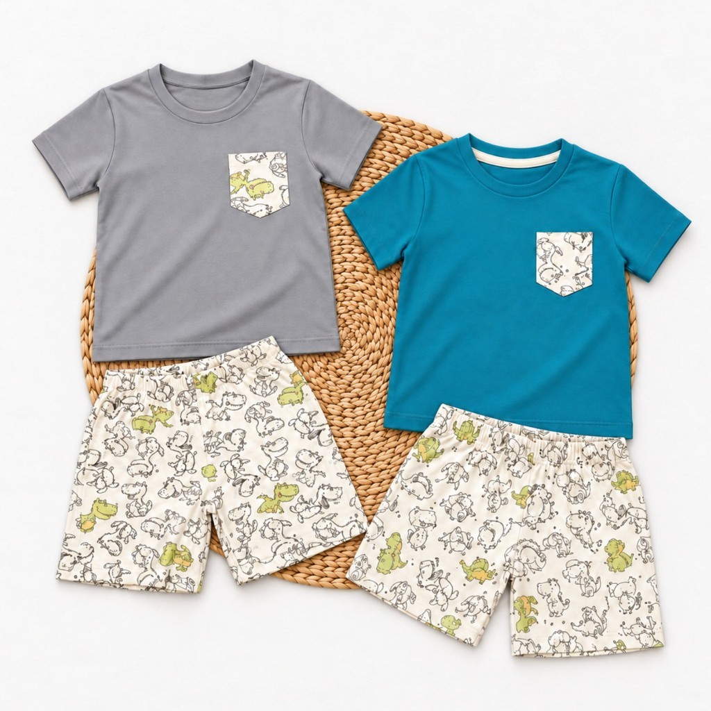 Conjunto Masculino Infantil Estampa de Dino Escolha a Cor Blusa + Bermuda Roupa Infantil Menino
