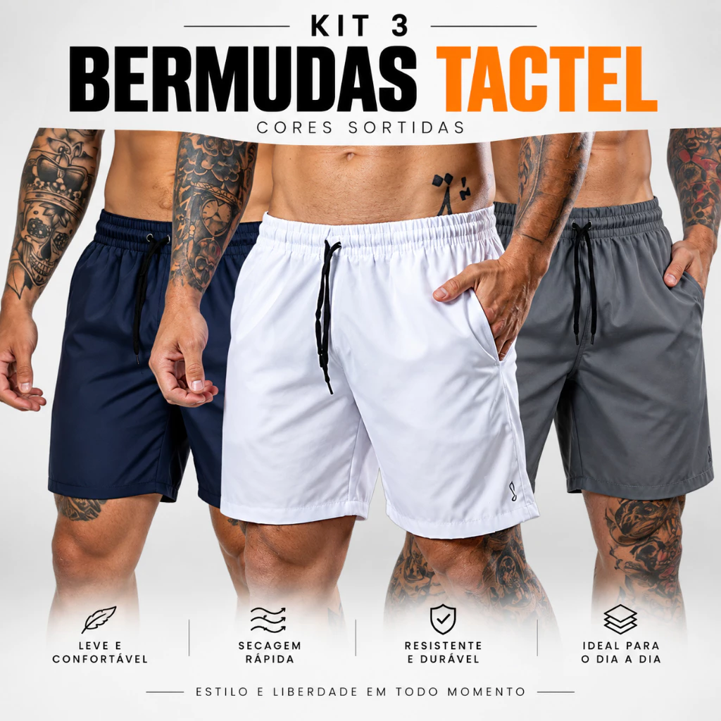 Kit 3 Shorts Masculino Academia Tactel com Elastano Bermuda Esportiva Treino Corrida Fitness — imagem 1