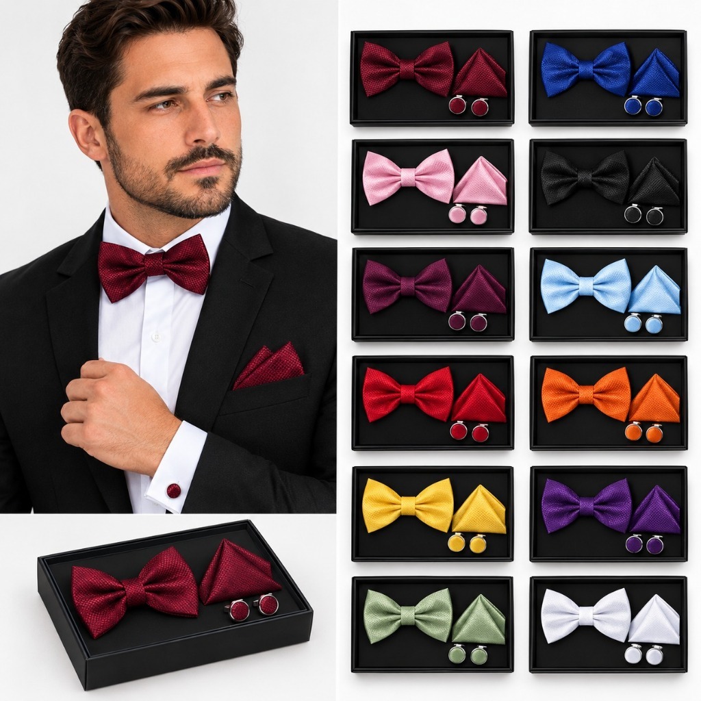 Kit Gravata Borboleta Masculina + Lenço de Bolso + Abotoaduras Social Casamento Noivos Padrinhos Elegante