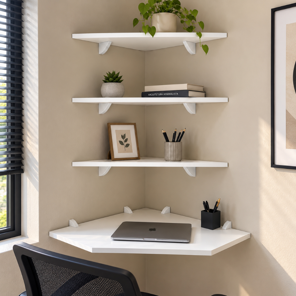 Kit Mesa de Estudo Suspensa com 3 Prateleiras em MDF 15mm para Quarto de Menina, Escrivaninha de Parede Compacta com Nic