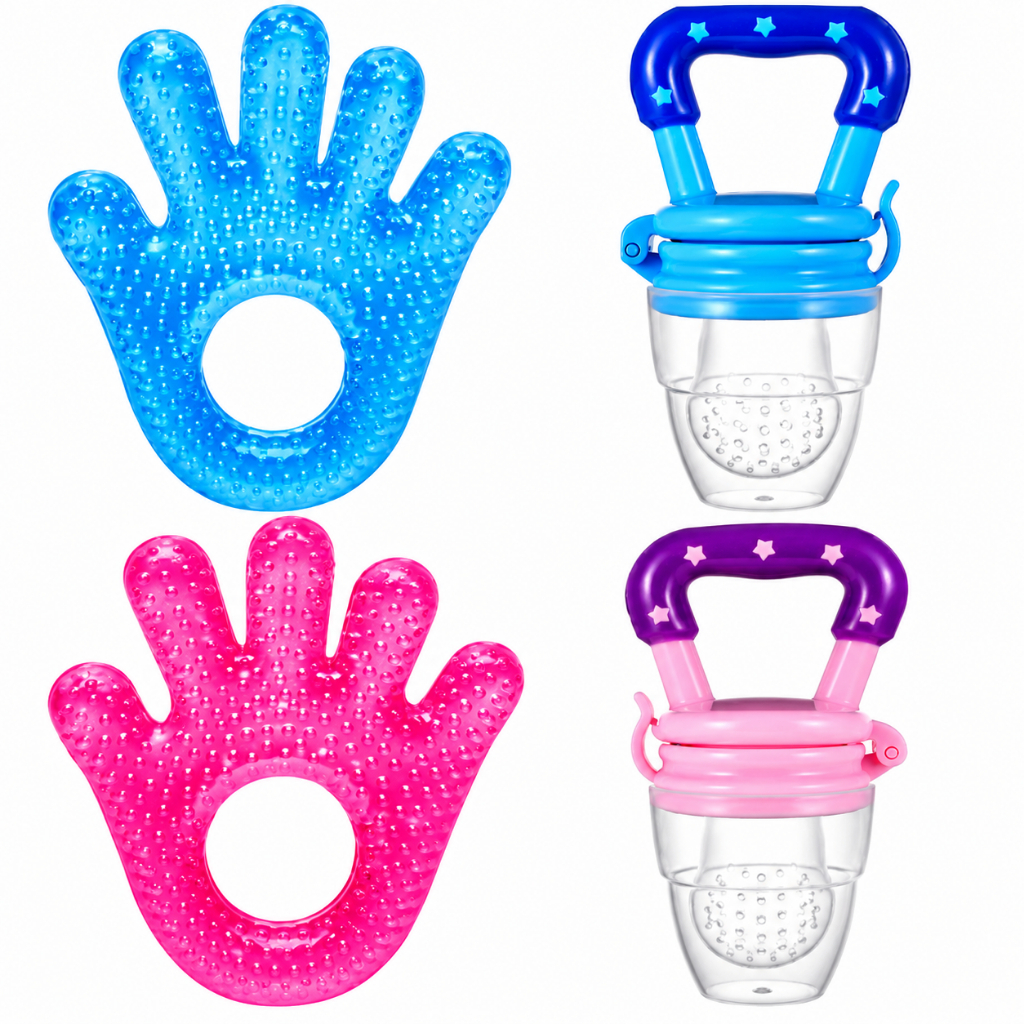 Kit Bebê Chupeta De Alimentação De Silicone + Mordedor  Mãozinha Com Água Gel Massageador Gengivas Alivia Dor Macio