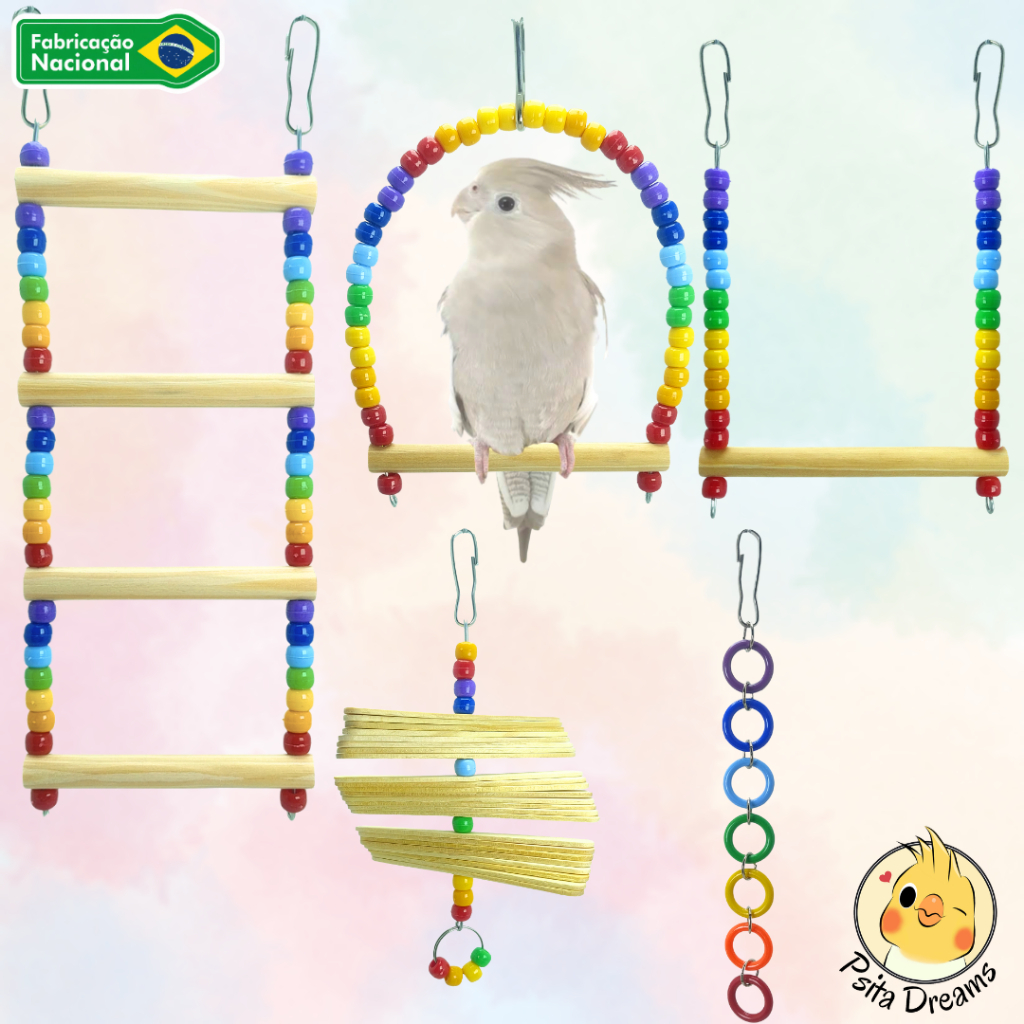 Kit Brinquedos Arco-Íris, calopsita, agapornis, periquito, aves, acessórios para gaiola, poleiro, escada, balanço