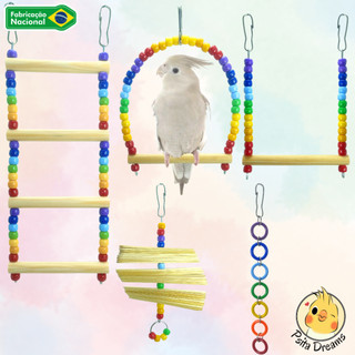 Kit Brinquedos Arco-Íris, calopsita, agapornis, periquito, aves, acessórios para gaiola, poleiro, escada, balanço