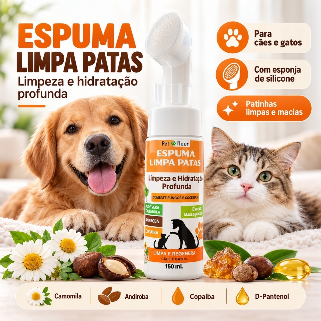 Espuma Limpa Patas Cães e Gatos  função antifúngica com Escova massageadora Óleo de Andiroba Vitamina E