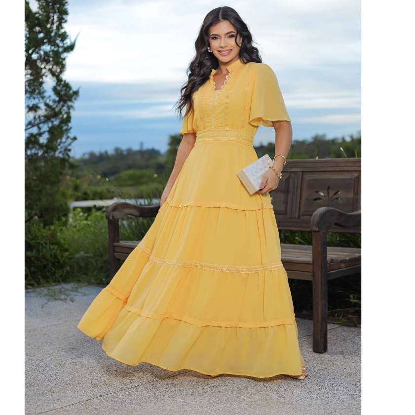 Vestido Sandra Longo Feminino em Chiffon Premium com Detalhes em Guipir e Lastex nas Costas