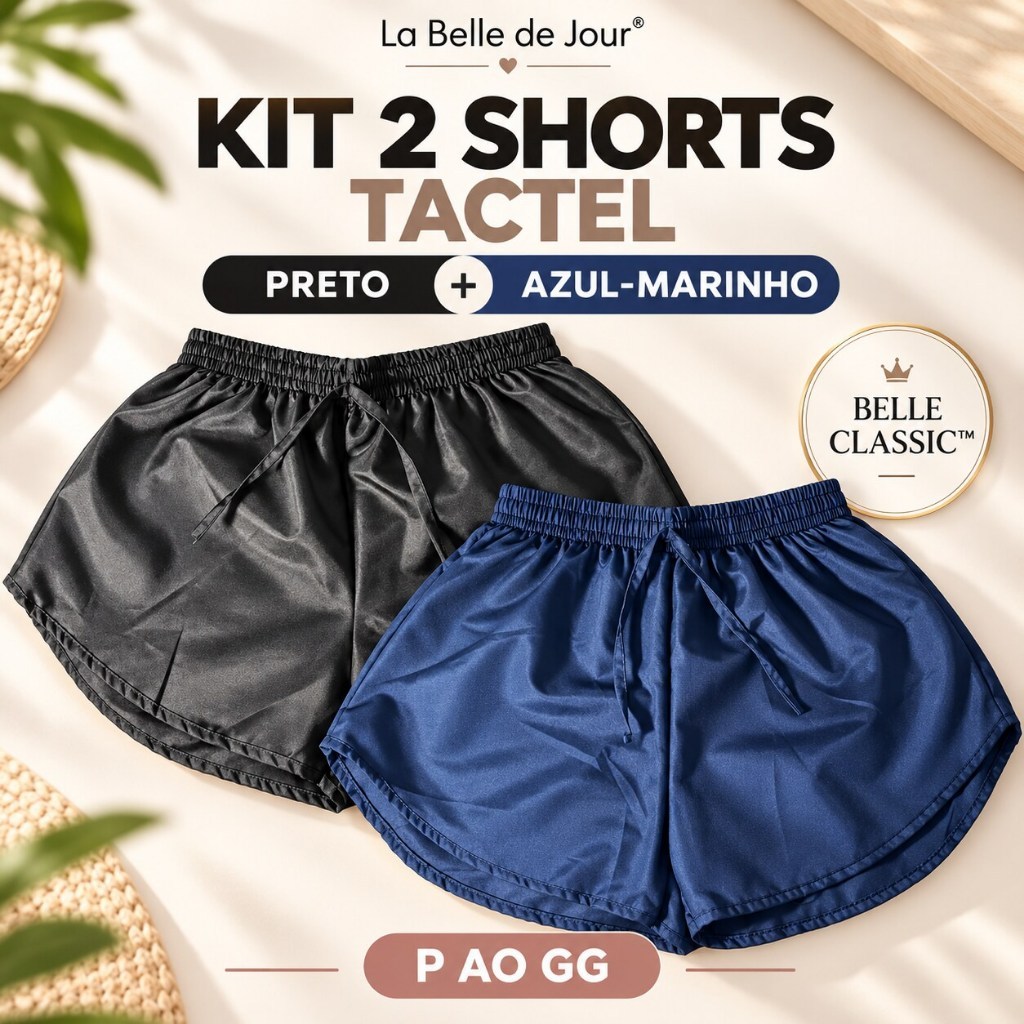 Kit 2 Shorts Tactel Feminino Preto Azul Marinho Casual Academia Corrida Caminhada Shortinho Mulher P ao GG Belle Classic