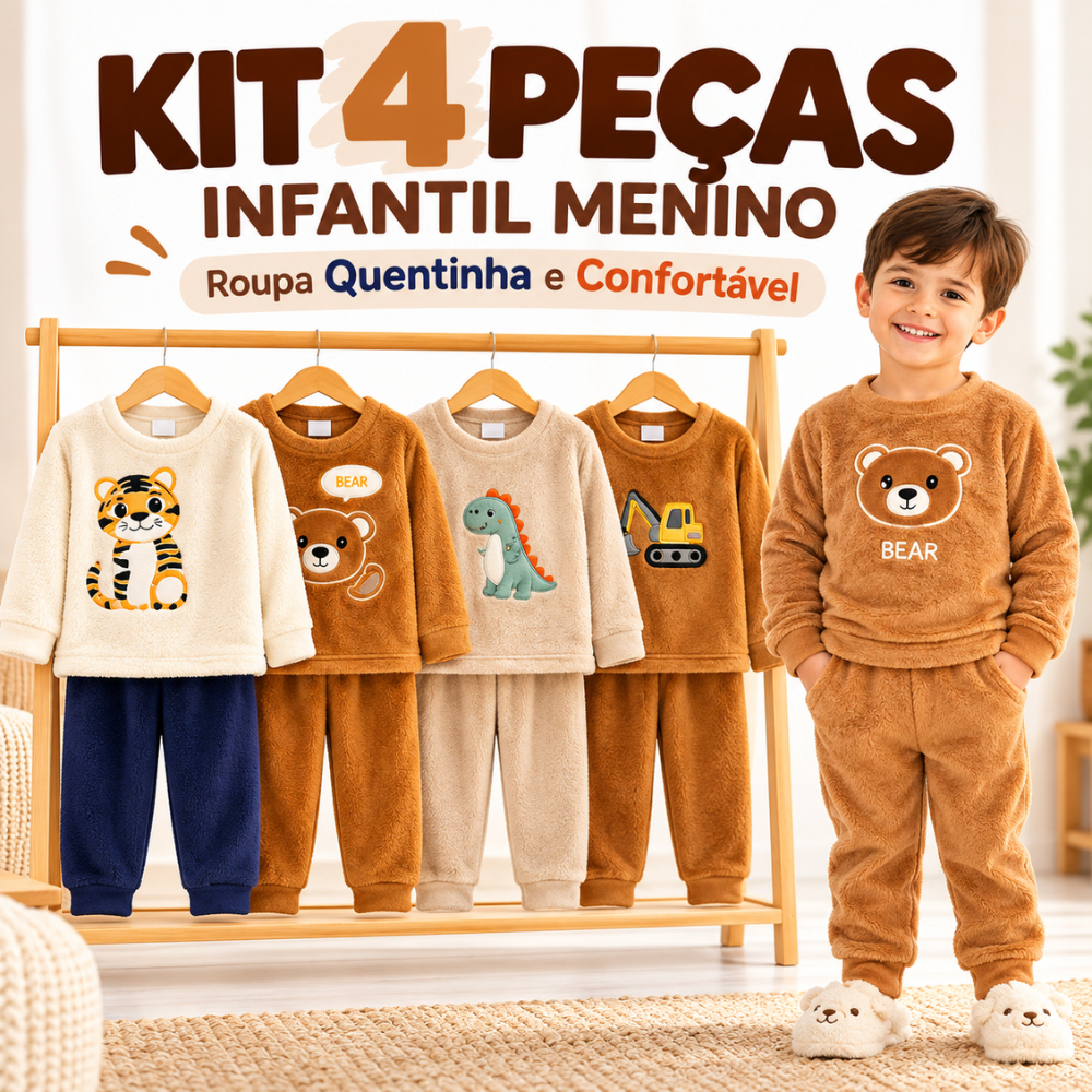 Kit 4 Peças Conjunto Infantil Menino Soft Inverno | Roupa Quentinha e Confortável | Pijama Bebê 1 a 3 Anos (P ao G)