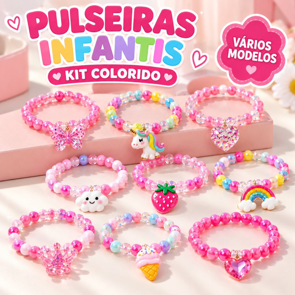 Kit Pulseiras Infantis Coloridas com Pingentes Frutas Doces para Crianças