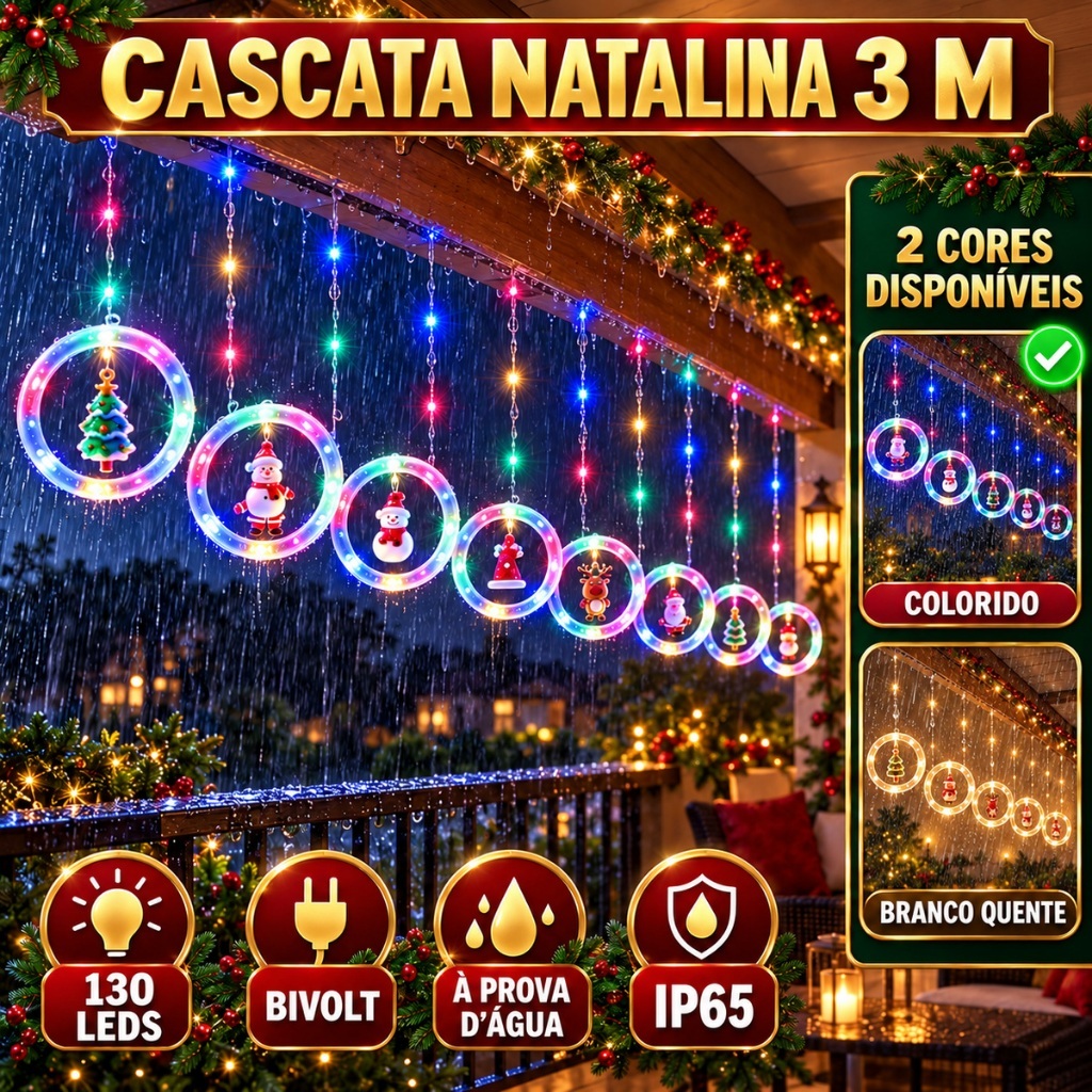 Pisca Cascata 130 Led IP65 Prova Água 3,0m Cortina Varal Figura Decoração Natal Varal LuvinCo Bivolt