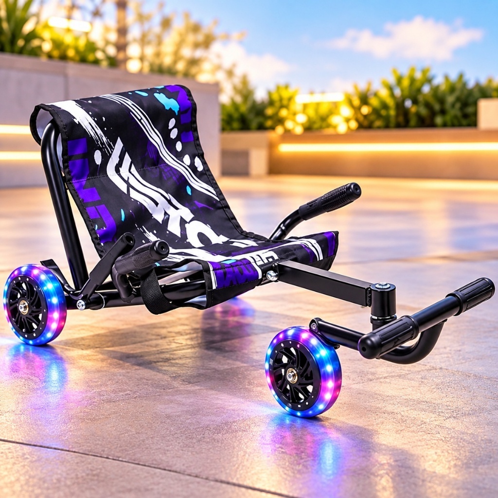 Carrinho Drift Rolimã Infantil Com LED Colorido Nas Rodas Preto Freio Manual Triciclo