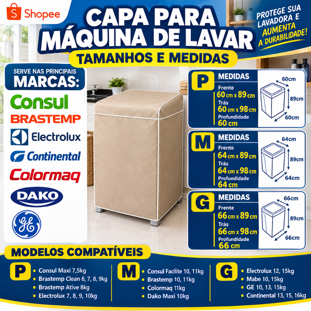 Capa para Máquina de Lavar Todos Tamanhos e Compatível com Vários Modelos Vinil