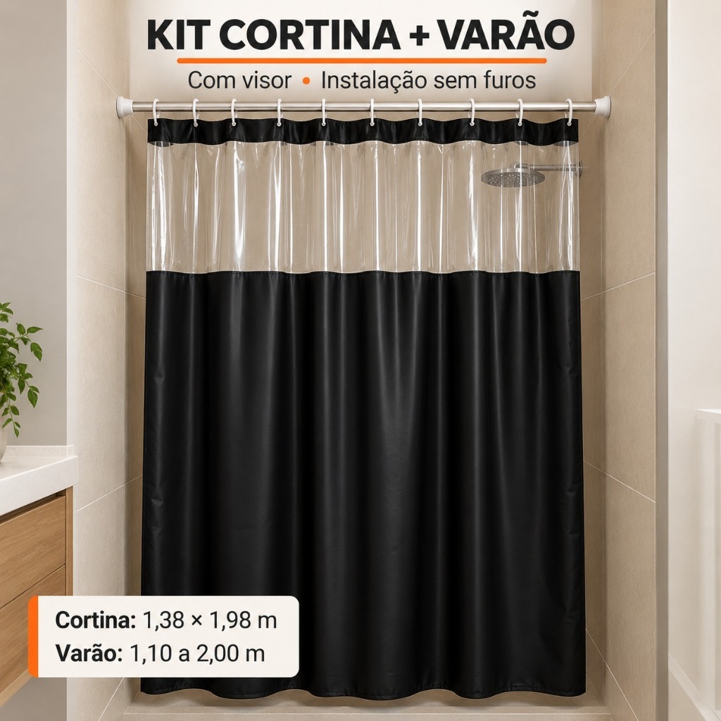 Kit Cortina para Box PVC com Visor 1,38x1,98m + Varão Extensível 1,10 a 2m Sem Furos