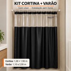Kit Cortina para Box PVC com Visor 1,38x1,98m + Varão Extensível 1,10 a 2m Sem Furos