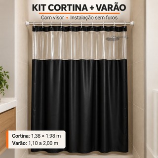 Kit Cortina para Box PVC com Visor 1,38x1,98m + Varão Extensível 1,10 a 2m Sem Furos
