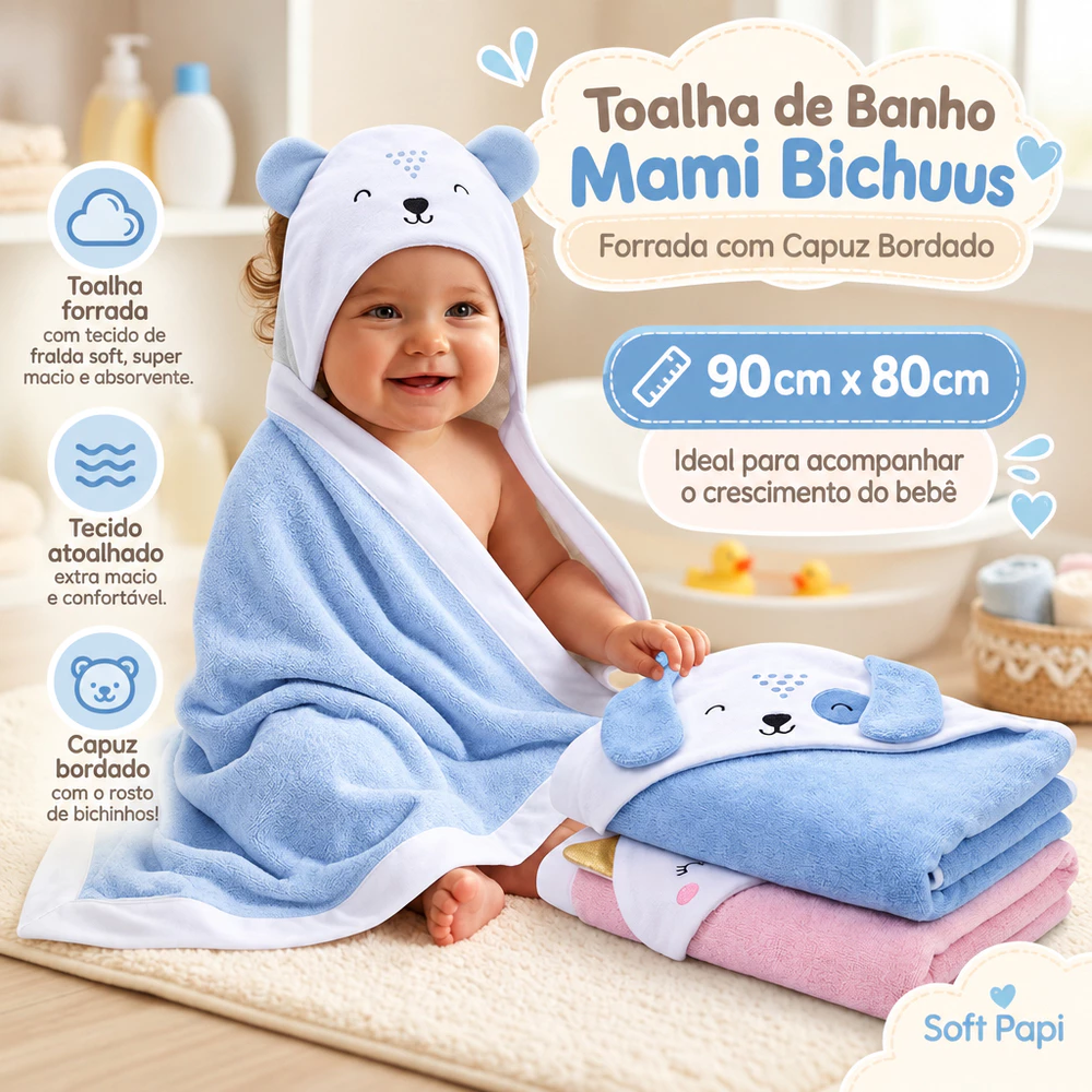 Toalha De Banho Atoalhada Forrada Com Capuz Mami Bichus Papi
